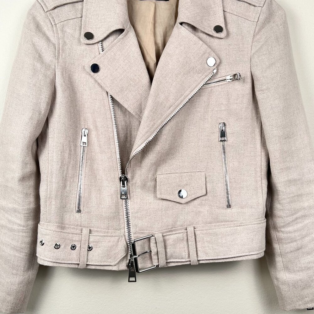 THEORY Women’s Linen Belted Shrunken Motorcycle Jacket - Beige. Size: XS
